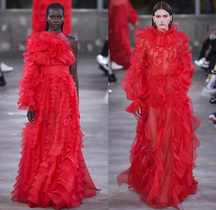 Valentino 2019 Pre-Fall Autumn Womens Runway Catwalk Looks Collection Tokyo Japan - Red Black Cape Accordion Pleats Ruffles Frills Tiered Tied Knot Scarf Quilted Puffer Outerwear Coat Dress Cargo Pockets Flowers Floral Culottes One Shoulder Denim Jacket Jean Skirt Gown Eveningwear Lace Embroidery Needlework Cutwork Bedazzled Sheer Chiffon Tulle Shirtdress Turtleneck Fish Scales Feathers Japanese Dragon Crescent Moon Pellegrina Cape Knitwear Handbag Socks Heels