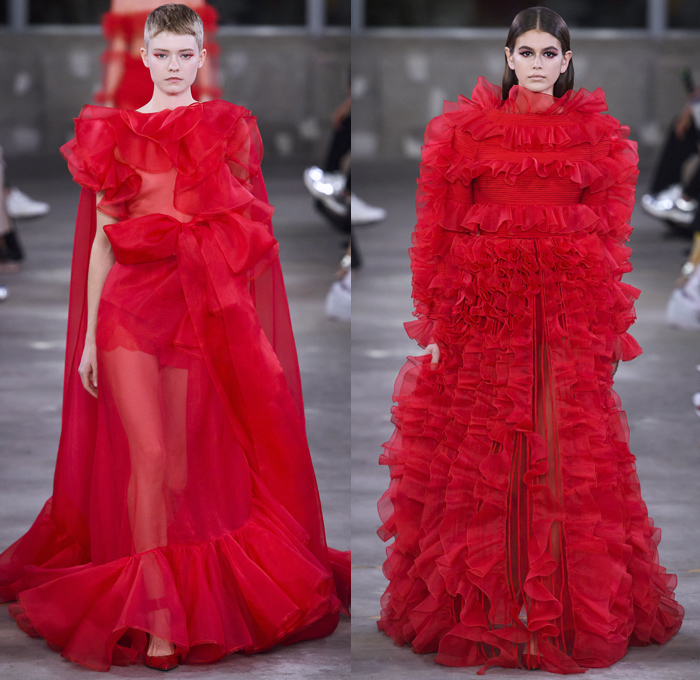 Valentino 2019 Pre-Fall Autumn Womens Runway Catwalk Looks Collection Tokyo Japan - Red Black Cape Accordion Pleats Ruffles Frills Tiered Tied Knot Scarf Quilted Puffer Outerwear Coat Dress Cargo Pockets Flowers Floral Culottes One Shoulder Denim Jacket Jean Skirt Gown Eveningwear Lace Embroidery Needlework Cutwork Bedazzled Sheer Chiffon Tulle Shirtdress Turtleneck Fish Scales Feathers Japanese Dragon Crescent Moon Pellegrina Cape Knitwear Handbag Socks Heels