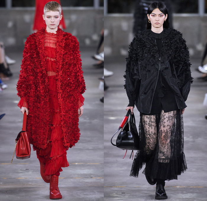 Valentino 2019 Pre-Fall Autumn Womens Runway Catwalk Looks Collection Tokyo Japan - Red Black Cape Accordion Pleats Ruffles Frills Tiered Tied Knot Scarf Quilted Puffer Outerwear Coat Dress Cargo Pockets Flowers Floral Culottes One Shoulder Denim Jacket Jean Skirt Gown Eveningwear Lace Embroidery Needlework Cutwork Bedazzled Sheer Chiffon Tulle Shirtdress Turtleneck Fish Scales Feathers Japanese Dragon Crescent Moon Pellegrina Cape Knitwear Handbag Socks Heels