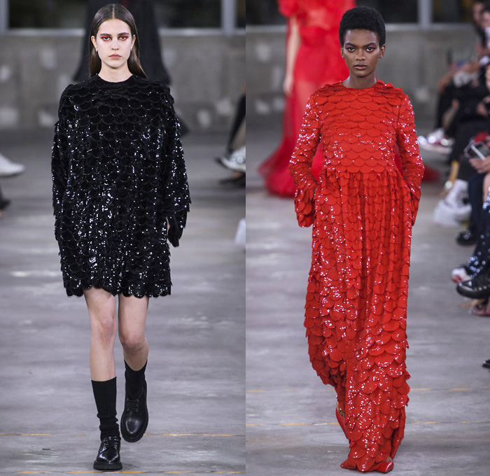 Valentino 2019 Pre-Fall Autumn Womens Runway Catwalk Looks Collection Tokyo Japan - Red Black Cape Accordion Pleats Ruffles Frills Tiered Tied Knot Scarf Quilted Puffer Outerwear Coat Dress Cargo Pockets Flowers Floral Culottes One Shoulder Denim Jacket Jean Skirt Gown Eveningwear Lace Embroidery Needlework Cutwork Bedazzled Sheer Chiffon Tulle Shirtdress Turtleneck Fish Scales Feathers Japanese Dragon Crescent Moon Pellegrina Cape Knitwear Handbag Socks Heels