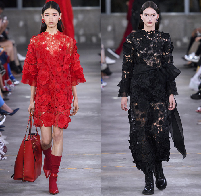 Valentino 2019 Pre-Fall Autumn Womens Runway Catwalk Looks Collection Tokyo Japan - Red Black Cape Accordion Pleats Ruffles Frills Tiered Tied Knot Scarf Quilted Puffer Outerwear Coat Dress Cargo Pockets Flowers Floral Culottes One Shoulder Denim Jacket Jean Skirt Gown Eveningwear Lace Embroidery Needlework Cutwork Bedazzled Sheer Chiffon Tulle Shirtdress Turtleneck Fish Scales Feathers Japanese Dragon Crescent Moon Pellegrina Cape Knitwear Handbag Socks Heels