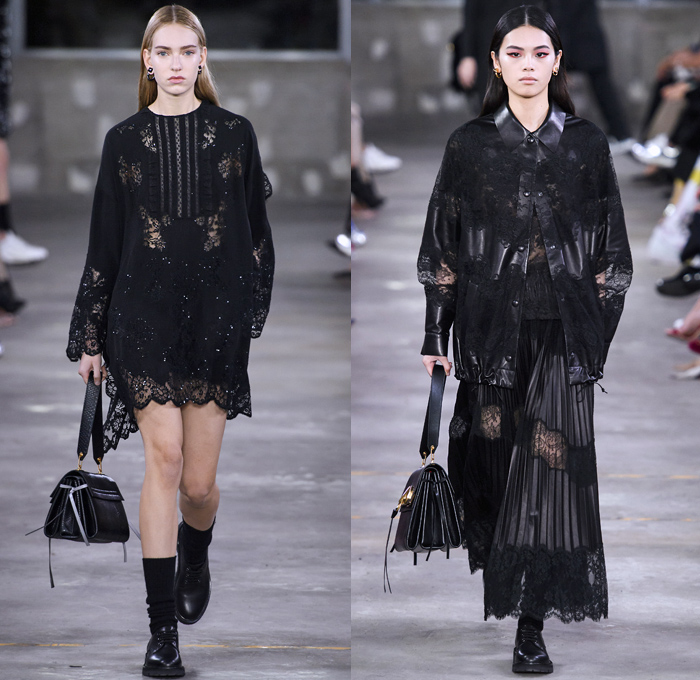 Valentino 2019 Pre-Fall Autumn Womens Runway Catwalk Looks Collection Tokyo Japan - Red Black Cape Accordion Pleats Ruffles Frills Tiered Tied Knot Scarf Quilted Puffer Outerwear Coat Dress Cargo Pockets Flowers Floral Culottes One Shoulder Denim Jacket Jean Skirt Gown Eveningwear Lace Embroidery Needlework Cutwork Bedazzled Sheer Chiffon Tulle Shirtdress Turtleneck Fish Scales Feathers Japanese Dragon Crescent Moon Pellegrina Cape Knitwear Handbag Socks Heels