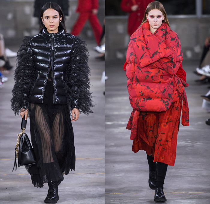 Valentino 2019 Pre-Fall Autumn Womens Runway Catwalk Looks Collection Tokyo Japan - Red Black Cape Accordion Pleats Ruffles Frills Tiered Tied Knot Scarf Quilted Puffer Outerwear Coat Dress Cargo Pockets Flowers Floral Culottes One Shoulder Denim Jacket Jean Skirt Gown Eveningwear Lace Embroidery Needlework Cutwork Bedazzled Sheer Chiffon Tulle Shirtdress Turtleneck Fish Scales Feathers Japanese Dragon Crescent Moon Pellegrina Cape Knitwear Handbag Socks Heels