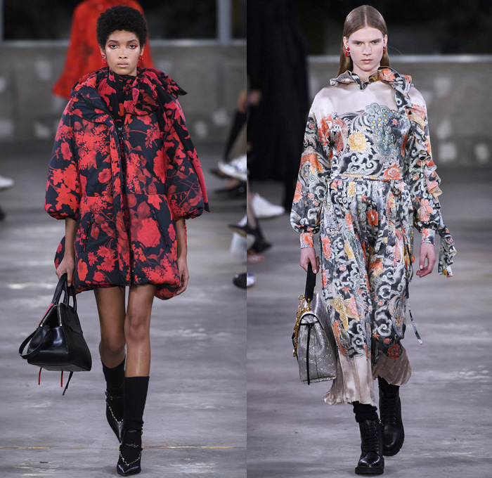 Valentino 2019 Pre-Fall Autumn Womens Runway Catwalk Looks Collection Tokyo Japan - Red Black Cape Accordion Pleats Ruffles Frills Tiered Tied Knot Scarf Quilted Puffer Outerwear Coat Dress Cargo Pockets Flowers Floral Culottes One Shoulder Denim Jacket Jean Skirt Gown Eveningwear Lace Embroidery Needlework Cutwork Bedazzled Sheer Chiffon Tulle Shirtdress Turtleneck Fish Scales Feathers Japanese Dragon Crescent Moon Pellegrina Cape Knitwear Handbag Socks Heels