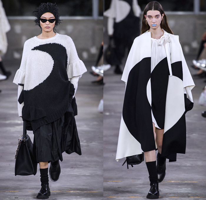 Valentino 2019 Pre-Fall Autumn Womens Runway Catwalk Looks Collection Tokyo Japan - Red Black Cape Accordion Pleats Ruffles Frills Tiered Tied Knot Scarf Quilted Puffer Outerwear Coat Dress Cargo Pockets Flowers Floral Culottes One Shoulder Denim Jacket Jean Skirt Gown Eveningwear Lace Embroidery Needlework Cutwork Bedazzled Sheer Chiffon Tulle Shirtdress Turtleneck Fish Scales Feathers Japanese Dragon Crescent Moon Pellegrina Cape Knitwear Handbag Socks Heels