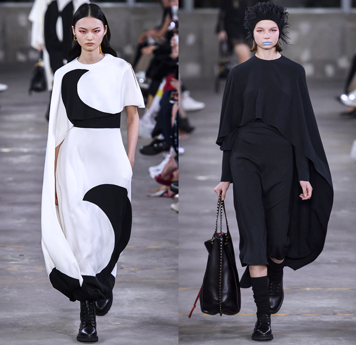 Valentino 2019 Pre-Fall Autumn Womens Runway Catwalk Looks Collection Tokyo Japan - Red Black Cape Accordion Pleats Ruffles Frills Tiered Tied Knot Scarf Quilted Puffer Outerwear Coat Dress Cargo Pockets Flowers Floral Culottes One Shoulder Denim Jacket Jean Skirt Gown Eveningwear Lace Embroidery Needlework Cutwork Bedazzled Sheer Chiffon Tulle Shirtdress Turtleneck Fish Scales Feathers Japanese Dragon Crescent Moon Pellegrina Cape Knitwear Handbag Socks Heels