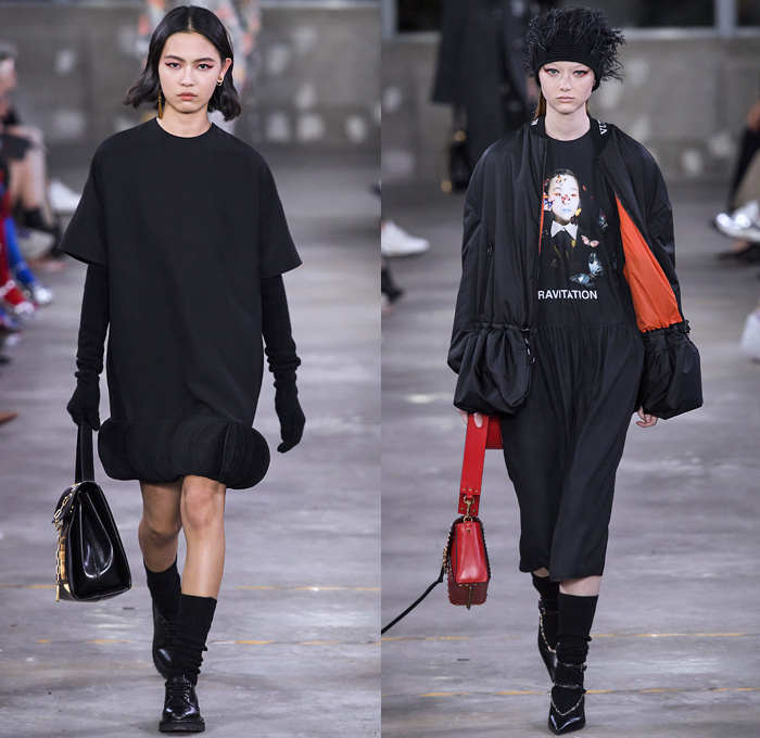 Valentino 2019 Pre-Fall Autumn Womens Runway Catwalk Looks Collection Tokyo Japan - Red Black Cape Accordion Pleats Ruffles Frills Tiered Tied Knot Scarf Quilted Puffer Outerwear Coat Dress Cargo Pockets Flowers Floral Culottes One Shoulder Denim Jacket Jean Skirt Gown Eveningwear Lace Embroidery Needlework Cutwork Bedazzled Sheer Chiffon Tulle Shirtdress Turtleneck Fish Scales Feathers Japanese Dragon Crescent Moon Pellegrina Cape Knitwear Handbag Socks Heels