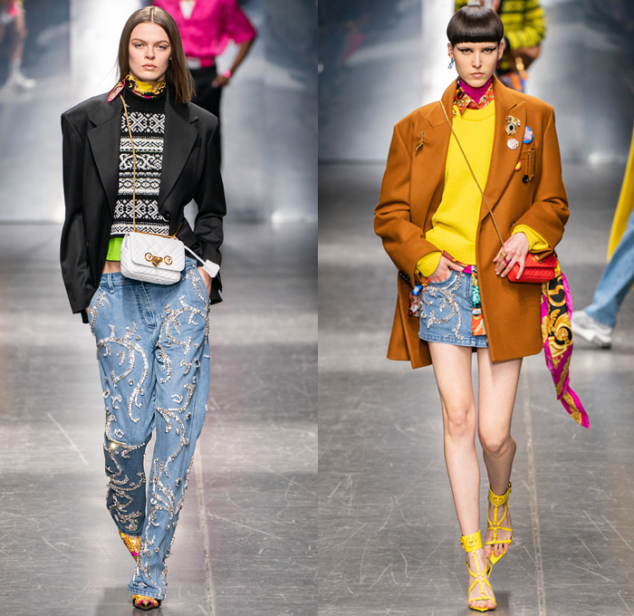 Versace 2019 Pre-Fall Autumn Winter Womens Runway Looks - Milano Moda Uomo Milan Fashion Week Italy - Nordic Knitwear Sweater Black Blazer Bedazzled Crystals Jewels Gems Studs Denim Jeans Miniskirt Bondage Straps Belts Silk Satin Scarf Puffer Parka Leopard Fur Plastic Rainwear Coat Logo Mania Boxing Shorts Lace Needlework Embroidery Lingerie Dress Flowers Floral Campaign Button Pins Print Stripes Tights Feathers Crossbody Quilted Micro Bag Athletic Socks Gladiator Heels 
