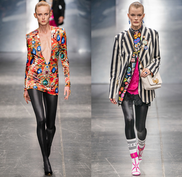 Versace 2019 Pre-Fall Autumn Winter Womens Runway Looks - Milano Moda Uomo Milan Fashion Week Italy - Nordic Knitwear Sweater Black Blazer Bedazzled Crystals Jewels Gems Studs Denim Jeans Miniskirt Bondage Straps Belts Silk Satin Scarf Puffer Parka Leopard Fur Plastic Rainwear Coat Logo Mania Boxing Shorts Lace Needlework Embroidery Lingerie Dress Flowers Floral Campaign Button Pins Print Stripes Tights Feathers Crossbody Quilted Micro Bag Athletic Socks Gladiator Heels 