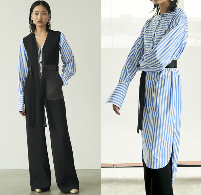 Yigal Azrouël 2019 Pre-Fall Autumn Womens Lookbook Presentation - Architectural Minimalist Stripes Shirting Elongated Sleeves Onesie Jumpsuit Coveralls Blazer Slouchy Pants Wrap Dress Turtleneck Halterneck One Shoulder Leaves Foliage Print Graphic Coated Waterproof Coat Check Utility Pockets Tied Knot Accordion Pleats Dots Fanny Pack Waist Pouch Bum Bag Boots