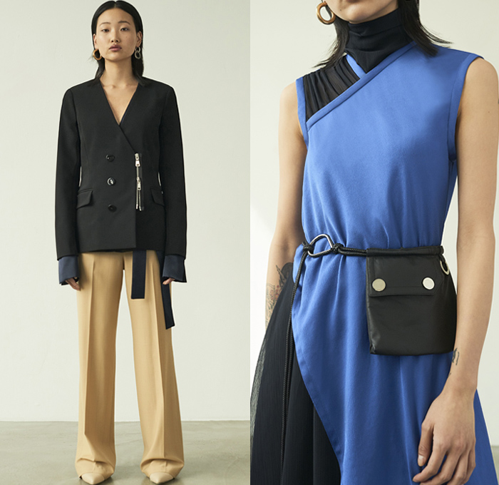 Yigal Azrouël 2019 Pre-Fall Autumn Womens Lookbook Presentation - Architectural Minimalist Stripes Shirting Elongated Sleeves Onesie Jumpsuit Coveralls Blazer Slouchy Pants Wrap Dress Turtleneck Halterneck One Shoulder Leaves Foliage Print Graphic Coated Waterproof Coat Check Utility Pockets Tied Knot Accordion Pleats Dots Fanny Pack Waist Pouch Bum Bag Boots