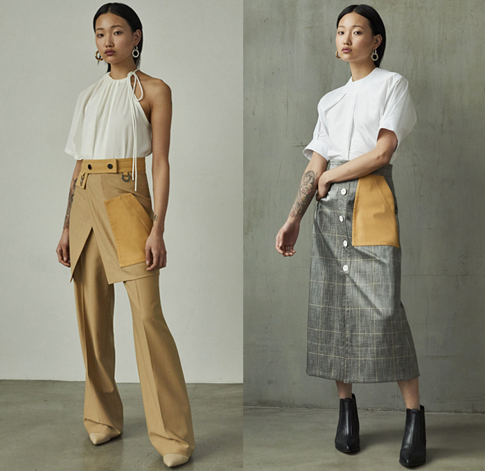 Yigal Azrouël 2019 Pre-Fall Autumn Womens Lookbook Presentation - Architectural Minimalist Stripes Shirting Elongated Sleeves Onesie Jumpsuit Coveralls Blazer Slouchy Pants Wrap Dress Turtleneck Halterneck One Shoulder Leaves Foliage Print Graphic Coated Waterproof Coat Check Utility Pockets Tied Knot Accordion Pleats Dots Fanny Pack Waist Pouch Bum Bag Boots