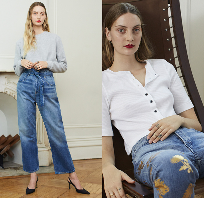 3x1 by Scott Morrison 2019 Resort Cruise Pre-Spring Womens Lookbook Presentation - Shibori-Dyed Denim Jeans Wings Side Panels Wide Leg Palazzo Cropped Pants Metal Hooks Trucker Jacket Miniskirt Tie Up Waist Metallic Gold Foil Flowers Floral Ruffles Turtleneck Knitwear Sweater Jumper Ribbed Open Back Long Sleeve Blouse Shirt Henley Kitten Heels Flats Ballet Shoes