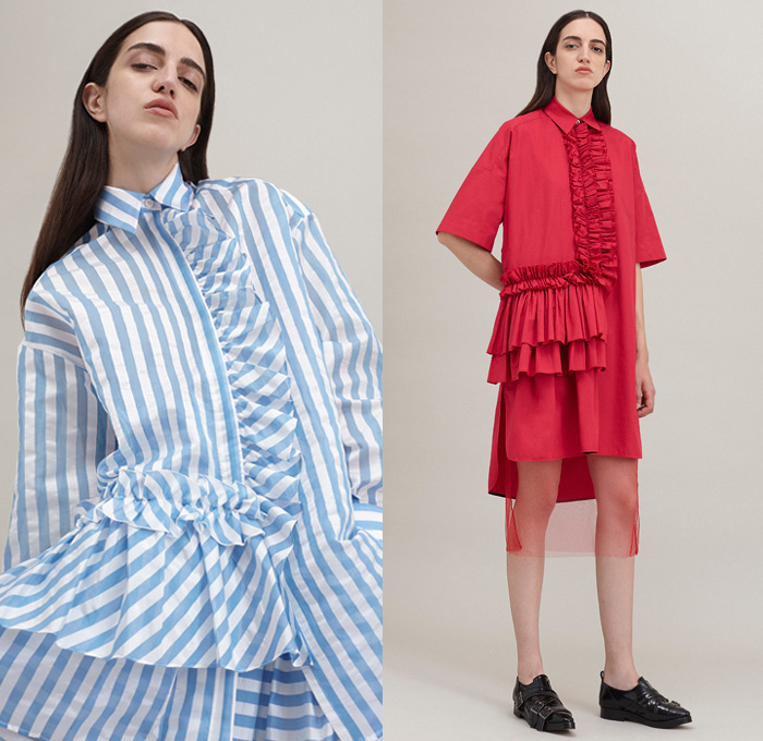 Albino Teodoro 2019 Resort Cruise Pre-Spring Womens Lookbook Presentation - Zebra Stripes Tulle Silk Satin Ruffles Frills Asymmetrical Hem Plaid Tartan Check Accordion Pleats Wrap Tie Up Knot Denim Jeans Chambray Cargo Pockets Shirtdress Cinched Sleeve Outerwear Trench Coat Long Sleeve Shirt Blouse Strapless Open Shoulders Dress Gown Eveningwear Cropped Pants Wide Leg Pencil Skirt Strapped Shoes