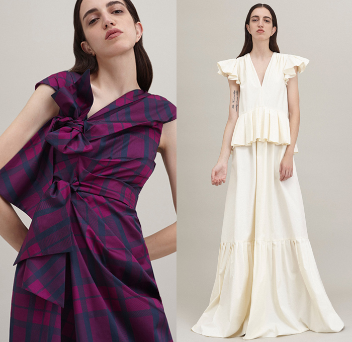 Albino Teodoro 2019 Resort Cruise Pre-Spring Womens Lookbook Presentation - Zebra Stripes Tulle Silk Satin Ruffles Frills Asymmetrical Hem Plaid Tartan Check Accordion Pleats Wrap Tie Up Knot Denim Jeans Chambray Cargo Pockets Shirtdress Cinched Sleeve Outerwear Trench Coat Long Sleeve Shirt Blouse Strapless Open Shoulders Dress Gown Eveningwear Cropped Pants Wide Leg Pencil Skirt Strapped Shoes
