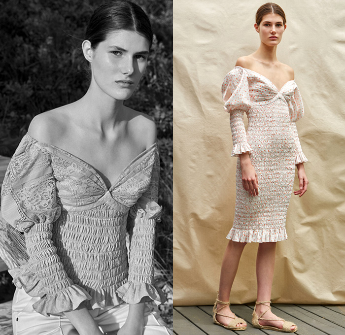 Alejandra Alonso Rojas 2019 Resort Cruise Pre-Spring Womens Lookbook Presentation - Andalucía Carnations Jasmine Bougainvillea Flowers Floral Macramé Lace Cashmere Tie Up Straps Suede Geometric Silk Satin Quilted Sheer Chiffon Tulle Mesh Overcoat Chunky Turtleneck Knit Mesh Braid Sweater Cardigan Crochet Weave Pantsuit Strapless Open Shoulders Cape Hanging Sleeve Asymmetrical Tiered Midi Skirt Flare Wide Leg Pants Sweaterdress Onesie Jumpsuit Coveralls Peasant Prairie Dress Sandals