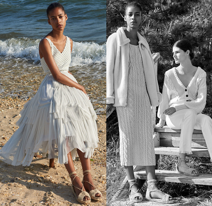 Alejandra Alonso Rojas 2019 Resort Cruise Pre-Spring Womens Lookbook Presentation - Andalucía Carnations Jasmine Bougainvillea Flowers Floral Macramé Lace Cashmere Tie Up Straps Suede Geometric Silk Satin Quilted Sheer Chiffon Tulle Mesh Overcoat Chunky Turtleneck Knit Mesh Braid Sweater Cardigan Crochet Weave Pantsuit Strapless Open Shoulders Cape Hanging Sleeve Asymmetrical Tiered Midi Skirt Flare Wide Leg Pants Sweaterdress Onesie Jumpsuit Coveralls Peasant Prairie Dress Sandals