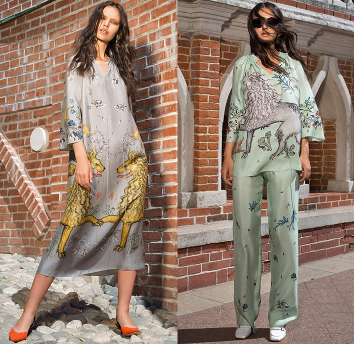 Alena Akhmadullina 2019 Resort Cruise Pre-Spring Womens Lookbook Presentation - Fairy Tale Lady Godiva Denim Jeans Studs Pointed Angular Collar Lattice Onesie Jumpsuit Coveralls Jacket Robe Fur Coat Quilted Sweater Strapless Peasant Prairie Dress Shirtdress Trompe L'oeil Embroidery Bedazzled Sequins Spangles Paillettes Flowers Floral Lion Unicorn Folklore Accordion Pleats Sheer Chiffon Tulle Lace Velvet Satin Scarf Sunglasses Crown Tote Bag