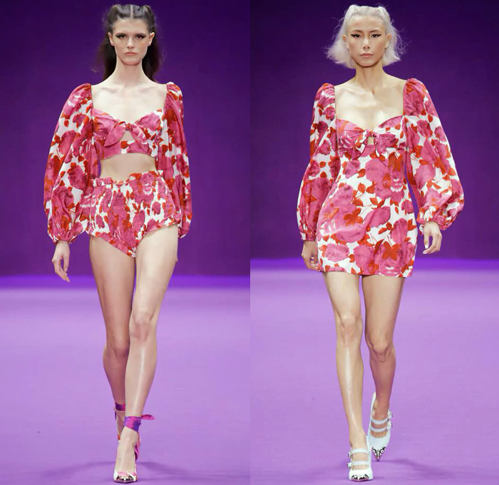 Alice McCall 2019 Resort Cruise Pre-Spring Womens Runway Catwalk Looks Collection - Mercedes-Benz Fashion Week Sydney Australia - Flowers Floral Sheer Chiffon Tulle Lace Mesh Embroidery Ruffles Geometric Silk Satin Sheen Poufy Cutout Shoulders Strapless Noodle Strap Long Sleeve Blouse Shorts Hotpants Swimwear Bikini Crop Top Tie Up Miniskirt Tiered Dress Gown Eveningwear Crossbody Bag Fanny Pack Waist Pouch Belt Bum Bag