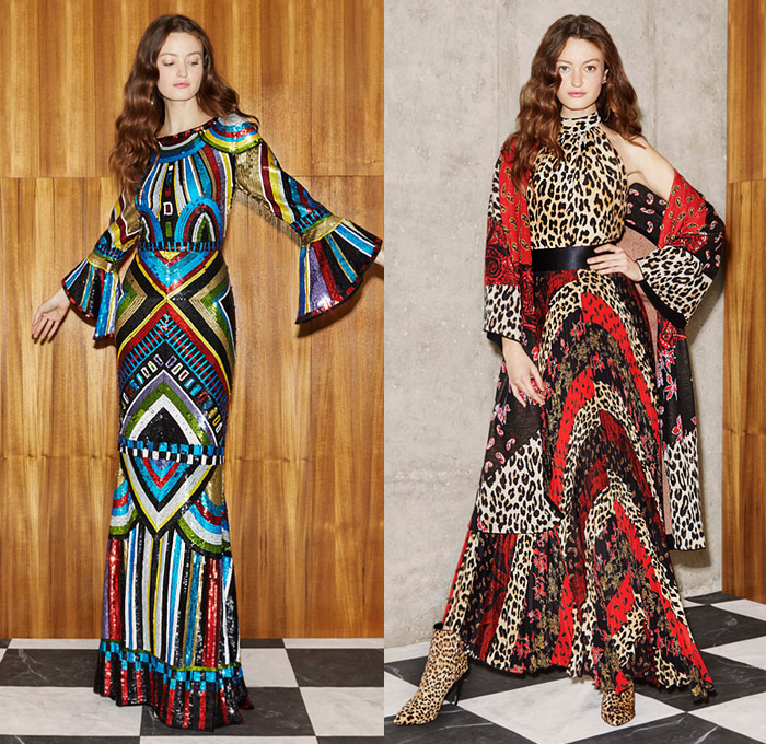 alice + olivia 2019 Resort Cruise Pre-Spring Womens Lookbook Presentation - Art Deco 1970s Mixed Patterns Scales Flowers Floral Sheer Chiffon Bedazzled Sequins Lace Embroidery Furry Sleeves Patchwork Stripes Geometric Leopard Paisley Zigzag Denim Jeans Flare Bell Bottom Coat Kimono Robe Pantsuit Onesie Jumpsuit Coveralls Chunky Knit Sweater Blouse Maxi Dress Miniskirt Shorts Asymmetrical Pussycat Bow Choker Platform Shoes Colored Sunglasses Headwear Thigh High Boots