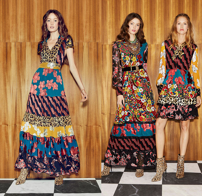 alice + olivia 2019 Resort Cruise Pre-Spring Womens Lookbook Presentation - Art Deco 1970s Mixed Patterns Scales Flowers Floral Sheer Chiffon Bedazzled Sequins Lace Embroidery Furry Sleeves Patchwork Stripes Geometric Leopard Paisley Zigzag Denim Jeans Flare Bell Bottom Coat Kimono Robe Pantsuit Onesie Jumpsuit Coveralls Chunky Knit Sweater Blouse Maxi Dress Miniskirt Shorts Asymmetrical Pussycat Bow Choker Platform Shoes Colored Sunglasses Headwear Thigh High Boots