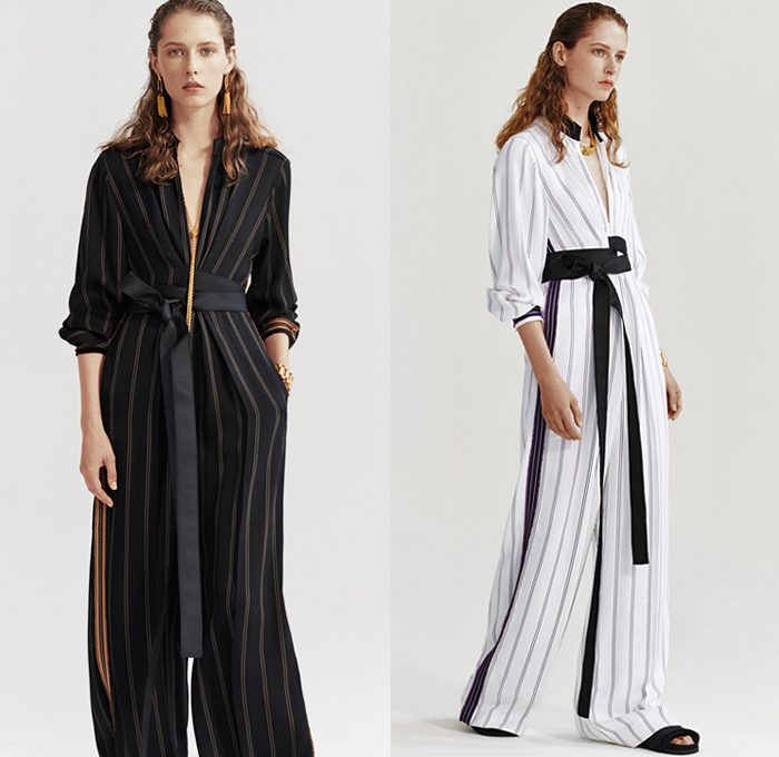 Amanda Wakeley 2019 Resort Cruise Pre-Spring Womens Lookbook Presentation - Pinstripe Wheat Fauna Leaves Botanical Embroidery Houndstooth Pied De Poule Metallic Sheer Chiffon Tulle Lace Outerwear Coat Pantsuit Blouse Shirt Kimono Wrap Knit Sweater Bell Sleeves Wide Leg Palazzo Pants Onesie Jumpsuit Coveralls Tie Up Waist Column Gown Maxi Dress Pencil Skirt Halterneck Slippers Furry Sandals Handbag Snakeskin Fringes Chain Cuffs Necklace Bracelet Rope Aviator Sunglasses