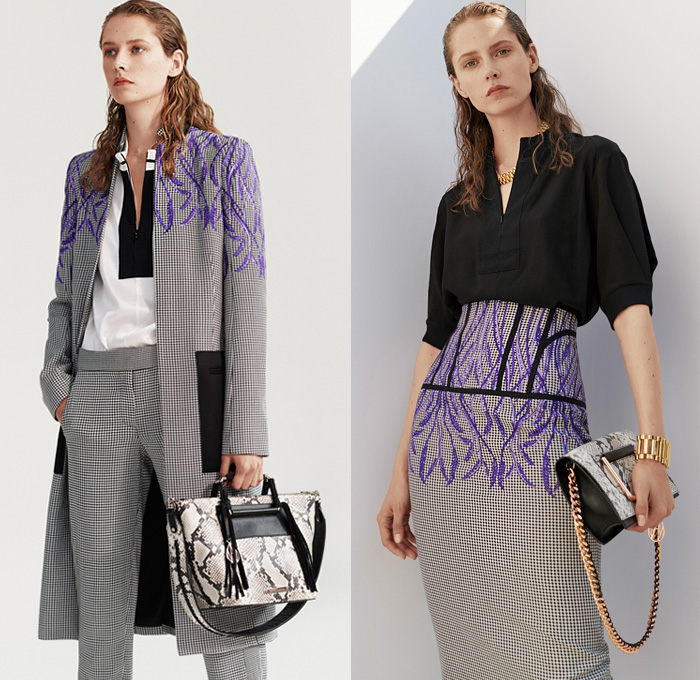 Amanda Wakeley 2019 Resort Cruise Pre-Spring Womens Lookbook Presentation - Pinstripe Wheat Fauna Leaves Botanical Embroidery Houndstooth Pied De Poule Metallic Sheer Chiffon Tulle Lace Outerwear Coat Pantsuit Blouse Shirt Kimono Wrap Knit Sweater Bell Sleeves Wide Leg Palazzo Pants Onesie Jumpsuit Coveralls Tie Up Waist Column Gown Maxi Dress Pencil Skirt Halterneck Slippers Furry Sandals Handbag Snakeskin Fringes Chain Cuffs Necklace Bracelet Rope Aviator Sunglasses