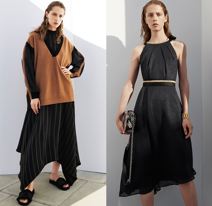 Amanda Wakeley 2019 Resort Cruise Pre-Spring Womens Lookbook Presentation - Pinstripe Wheat Fauna Leaves Botanical Embroidery Houndstooth Pied De Poule Metallic Sheer Chiffon Tulle Lace Outerwear Coat Pantsuit Blouse Shirt Kimono Wrap Knit Sweater Bell Sleeves Wide Leg Palazzo Pants Onesie Jumpsuit Coveralls Tie Up Waist Column Gown Maxi Dress Pencil Skirt Halterneck Slippers Furry Sandals Handbag Snakeskin Fringes Chain Cuffs Necklace Bracelet Rope Aviator Sunglasses