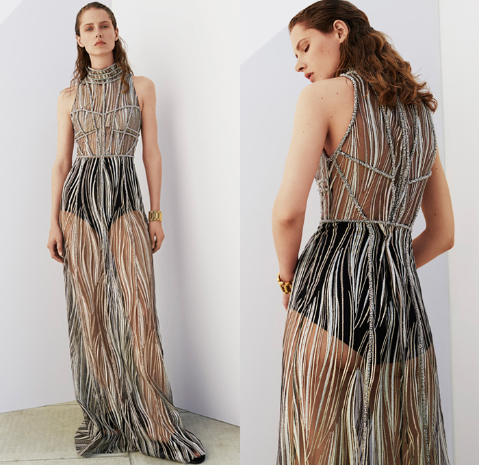 Amanda Wakeley 2019 Resort Cruise Pre-Spring Womens Lookbook Presentation - Pinstripe Wheat Fauna Leaves Botanical Embroidery Houndstooth Pied De Poule Metallic Sheer Chiffon Tulle Lace Outerwear Coat Pantsuit Blouse Shirt Kimono Wrap Knit Sweater Bell Sleeves Wide Leg Palazzo Pants Onesie Jumpsuit Coveralls Tie Up Waist Column Gown Maxi Dress Pencil Skirt Halterneck Slippers Furry Sandals Handbag Snakeskin Fringes Chain Cuffs Necklace Bracelet Rope Aviator Sunglasses