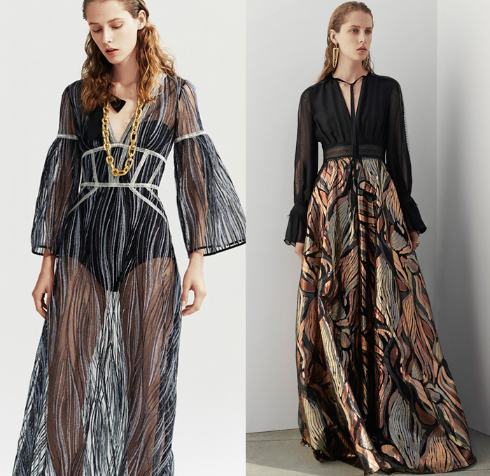 Amanda Wakeley 2019 Resort Cruise Pre-Spring Womens Lookbook Presentation - Pinstripe Wheat Fauna Leaves Botanical Embroidery Houndstooth Pied De Poule Metallic Sheer Chiffon Tulle Lace Outerwear Coat Pantsuit Blouse Shirt Kimono Wrap Knit Sweater Bell Sleeves Wide Leg Palazzo Pants Onesie Jumpsuit Coveralls Tie Up Waist Column Gown Maxi Dress Pencil Skirt Halterneck Slippers Furry Sandals Handbag Snakeskin Fringes Chain Cuffs Necklace Bracelet Rope Aviator Sunglasses