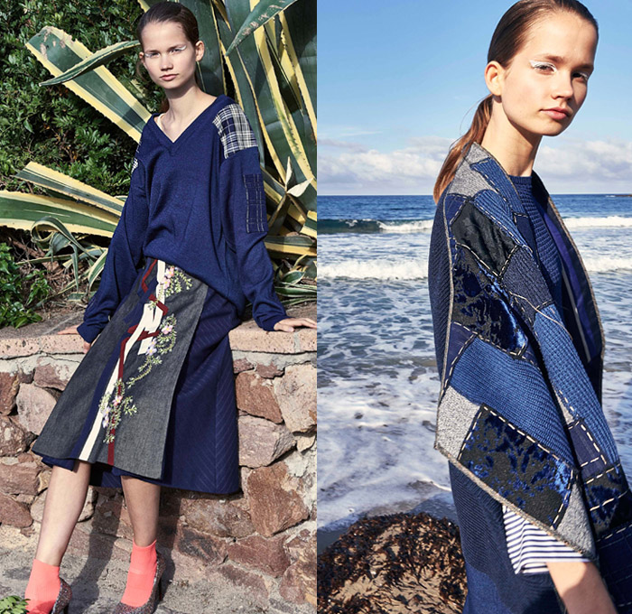 Antonio Marras 2019 Resort Cruise Pre-Spring Womens Lookbook Presentation - Cho-Cho-San Madame Butterfly Sailor Moon Dog Patchwork Nautical Plaid Tartan Check Hybrid Combo Bedazzled Jewels Brocade Flowers Floral Embroidery Pleats Dots Stripes Lace Bow Ruffles Denim Jeans Logo Coat Rainwear Fatigues Knit Sweater Sweatshirt Leg O'Mutton Sleeves Shirtdress Pencil Skirt Cross Wrap Dress Scarf French Beret Socks Heels Sandals Brooch Crossbody Handbag Straw Hat Sunglasses