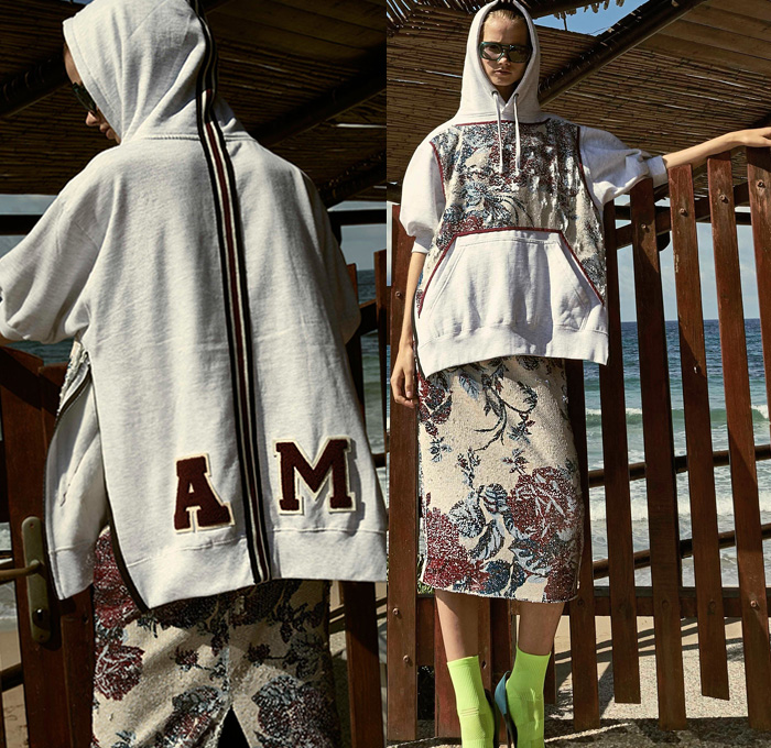 Antonio Marras 2019 Resort Cruise Pre-Spring Womens Lookbook Presentation - Cho-Cho-San Madame Butterfly Sailor Moon Dog Patchwork Nautical Plaid Tartan Check Hybrid Combo Bedazzled Jewels Brocade Flowers Floral Embroidery Pleats Dots Stripes Lace Bow Ruffles Denim Jeans Logo Coat Rainwear Fatigues Knit Sweater Sweatshirt Leg O'Mutton Sleeves Shirtdress Pencil Skirt Cross Wrap Dress Scarf French Beret Socks Heels Sandals Brooch Crossbody Handbag Straw Hat Sunglasses