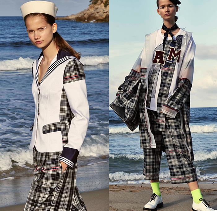 Antonio Marras 2019 Resort Cruise Pre-Spring Womens Lookbook Presentation - Cho-Cho-San Madame Butterfly Sailor Moon Dog Patchwork Nautical Plaid Tartan Check Hybrid Combo Bedazzled Jewels Brocade Flowers Floral Embroidery Pleats Dots Stripes Lace Bow Ruffles Denim Jeans Logo Coat Rainwear Fatigues Knit Sweater Sweatshirt Leg O'Mutton Sleeves Shirtdress Pencil Skirt Cross Wrap Dress Scarf French Beret Socks Heels Sandals Brooch Crossbody Handbag Straw Hat Sunglasses