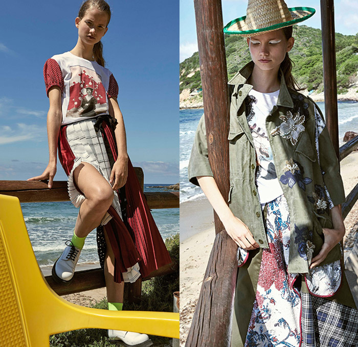 Antonio Marras 2019 Resort Cruise Pre-Spring Womens Lookbook Presentation - Cho-Cho-San Madame Butterfly Sailor Moon Dog Patchwork Nautical Plaid Tartan Check Hybrid Combo Bedazzled Jewels Brocade Flowers Floral Embroidery Pleats Dots Stripes Lace Bow Ruffles Denim Jeans Logo Coat Rainwear Fatigues Knit Sweater Sweatshirt Leg O'Mutton Sleeves Shirtdress Pencil Skirt Cross Wrap Dress Scarf French Beret Socks Heels Sandals Brooch Crossbody Handbag Straw Hat Sunglasses