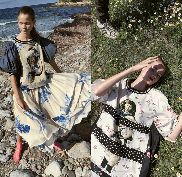 Antonio Marras 2019 Resort Cruise Pre-Spring Womens Lookbook Presentation - Cho-Cho-San Madame Butterfly Sailor Moon Dog Patchwork Nautical Plaid Tartan Check Hybrid Combo Bedazzled Jewels Brocade Flowers Floral Embroidery Pleats Dots Stripes Lace Bow Ruffles Denim Jeans Logo Coat Rainwear Fatigues Knit Sweater Sweatshirt Leg O'Mutton Sleeves Shirtdress Pencil Skirt Cross Wrap Dress Scarf French Beret Socks Heels Sandals Brooch Crossbody Handbag Straw Hat Sunglasses