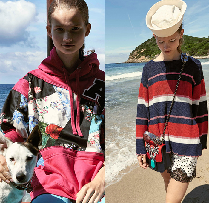 Antonio Marras 2019 Resort Cruise Pre-Spring Womens Lookbook Presentation - Cho-Cho-San Madame Butterfly Sailor Moon Dog Patchwork Nautical Plaid Tartan Check Hybrid Combo Bedazzled Jewels Brocade Flowers Floral Embroidery Pleats Dots Stripes Lace Bow Ruffles Denim Jeans Logo Coat Rainwear Fatigues Knit Sweater Sweatshirt Leg O'Mutton Sleeves Shirtdress Pencil Skirt Cross Wrap Dress Scarf French Beret Socks Heels Sandals Brooch Crossbody Handbag Straw Hat Sunglasses