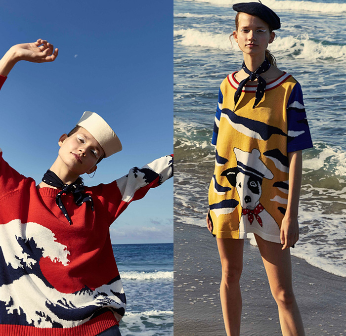 Antonio Marras 2019 Resort Cruise Pre-Spring Womens Lookbook Presentation - Cho-Cho-San Madame Butterfly Sailor Moon Dog Patchwork Nautical Plaid Tartan Check Hybrid Combo Bedazzled Jewels Brocade Flowers Floral Embroidery Pleats Dots Stripes Lace Bow Ruffles Denim Jeans Logo Coat Rainwear Fatigues Knit Sweater Sweatshirt Leg O'Mutton Sleeves Shirtdress Pencil Skirt Cross Wrap Dress Scarf French Beret Socks Heels Sandals Brooch Crossbody Handbag Straw Hat Sunglasses