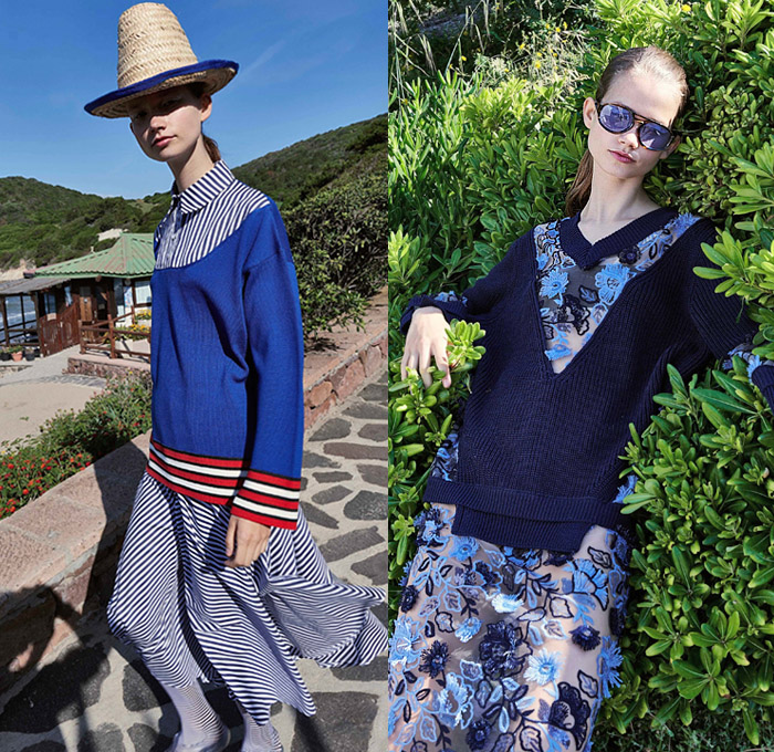 Antonio Marras 2019 Resort Cruise Pre-Spring Womens Lookbook Presentation - Cho-Cho-San Madame Butterfly Sailor Moon Dog Patchwork Nautical Plaid Tartan Check Hybrid Combo Bedazzled Jewels Brocade Flowers Floral Embroidery Pleats Dots Stripes Lace Bow Ruffles Denim Jeans Logo Coat Rainwear Fatigues Knit Sweater Sweatshirt Leg O'Mutton Sleeves Shirtdress Pencil Skirt Cross Wrap Dress Scarf French Beret Socks Heels Sandals Brooch Crossbody Handbag Straw Hat Sunglasses