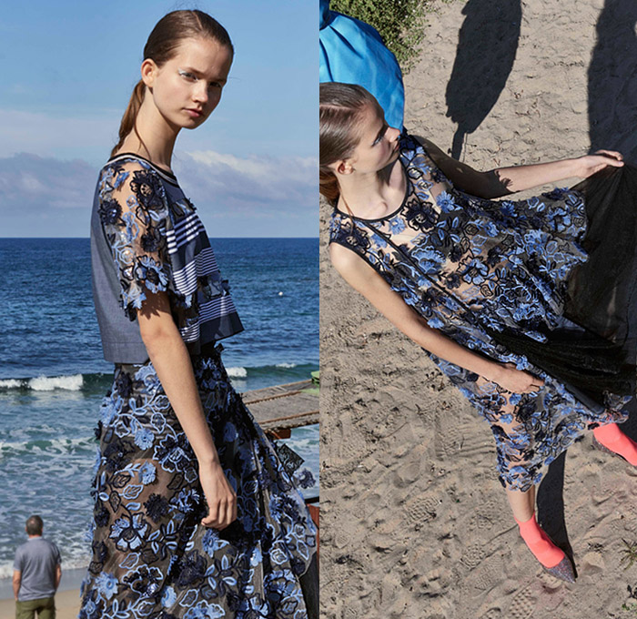 Antonio Marras 2019 Resort Cruise Pre-Spring Womens Lookbook Presentation - Cho-Cho-San Madame Butterfly Sailor Moon Dog Patchwork Nautical Plaid Tartan Check Hybrid Combo Bedazzled Jewels Brocade Flowers Floral Embroidery Pleats Dots Stripes Lace Bow Ruffles Denim Jeans Logo Coat Rainwear Fatigues Knit Sweater Sweatshirt Leg O'Mutton Sleeves Shirtdress Pencil Skirt Cross Wrap Dress Scarf French Beret Socks Heels Sandals Brooch Crossbody Handbag Straw Hat Sunglasses