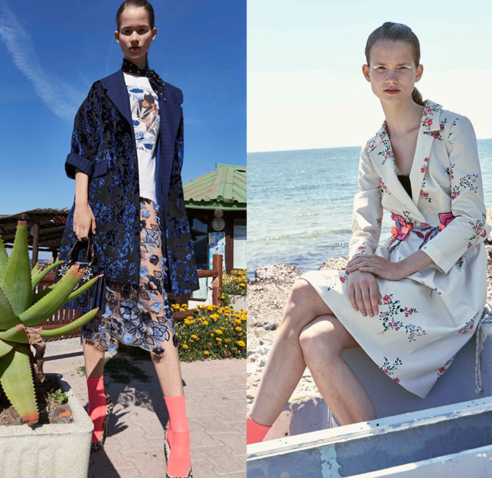 Antonio Marras 2019 Resort Cruise Pre-Spring Womens Lookbook Presentation - Cho-Cho-San Madame Butterfly Sailor Moon Dog Patchwork Nautical Plaid Tartan Check Hybrid Combo Bedazzled Jewels Brocade Flowers Floral Embroidery Pleats Dots Stripes Lace Bow Ruffles Denim Jeans Logo Coat Rainwear Fatigues Knit Sweater Sweatshirt Leg O'Mutton Sleeves Shirtdress Pencil Skirt Cross Wrap Dress Scarf French Beret Socks Heels Sandals Brooch Crossbody Handbag Straw Hat Sunglasses