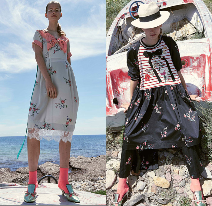 Antonio Marras 2019 Resort Cruise Pre-Spring Womens Lookbook Presentation - Cho-Cho-San Madame Butterfly Sailor Moon Dog Patchwork Nautical Plaid Tartan Check Hybrid Combo Bedazzled Jewels Brocade Flowers Floral Embroidery Pleats Dots Stripes Lace Bow Ruffles Denim Jeans Logo Coat Rainwear Fatigues Knit Sweater Sweatshirt Leg O'Mutton Sleeves Shirtdress Pencil Skirt Cross Wrap Dress Scarf French Beret Socks Heels Sandals Brooch Crossbody Handbag Straw Hat Sunglasses