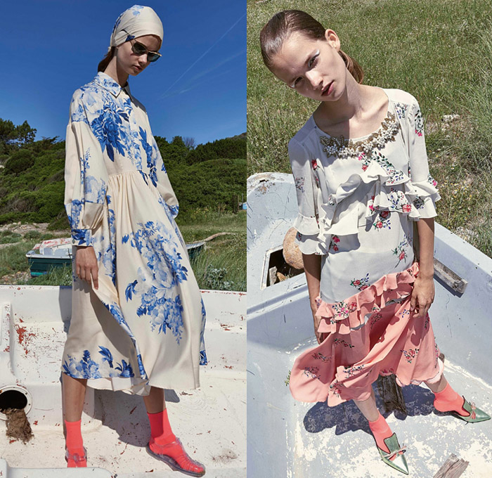 Antonio Marras 2019 Resort Cruise Pre-Spring Womens Lookbook Presentation - Cho-Cho-San Madame Butterfly Sailor Moon Dog Patchwork Nautical Plaid Tartan Check Hybrid Combo Bedazzled Jewels Brocade Flowers Floral Embroidery Pleats Dots Stripes Lace Bow Ruffles Denim Jeans Logo Coat Rainwear Fatigues Knit Sweater Sweatshirt Leg O'Mutton Sleeves Shirtdress Pencil Skirt Cross Wrap Dress Scarf French Beret Socks Heels Sandals Brooch Crossbody Handbag Straw Hat Sunglasses