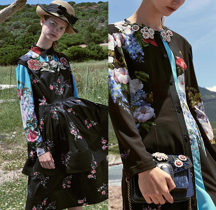 Antonio Marras 2019 Resort Cruise Pre-Spring Womens Lookbook Presentation - Cho-Cho-San Madame Butterfly Sailor Moon Dog Patchwork Nautical Plaid Tartan Check Hybrid Combo Bedazzled Jewels Brocade Flowers Floral Embroidery Pleats Dots Stripes Lace Bow Ruffles Denim Jeans Logo Coat Rainwear Fatigues Knit Sweater Sweatshirt Leg O'Mutton Sleeves Shirtdress Pencil Skirt Cross Wrap Dress Scarf French Beret Socks Heels Sandals Brooch Crossbody Handbag Straw Hat Sunglasses