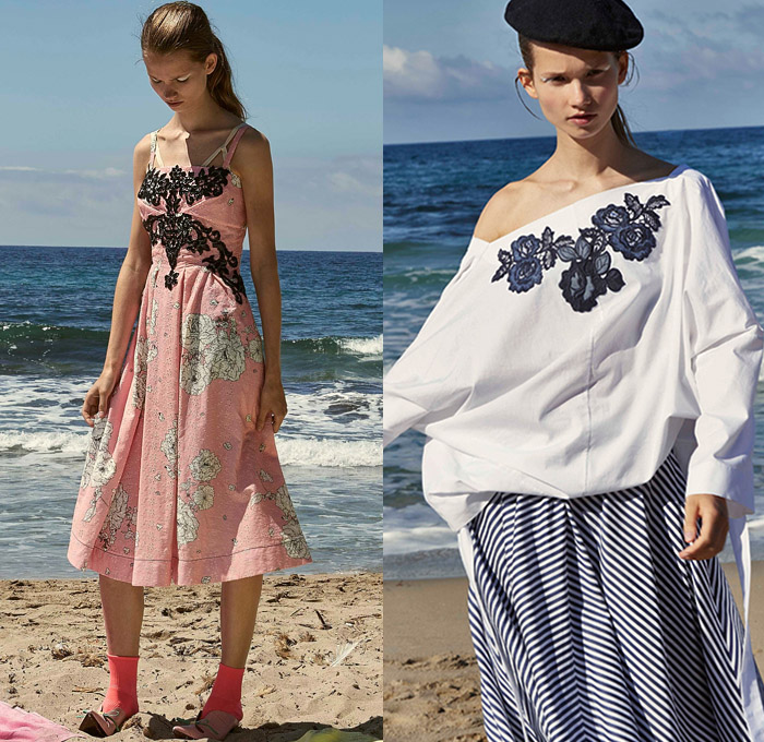 Antonio Marras 2019 Resort Cruise Pre-Spring Womens Lookbook Presentation - Cho-Cho-San Madame Butterfly Sailor Moon Dog Patchwork Nautical Plaid Tartan Check Hybrid Combo Bedazzled Jewels Brocade Flowers Floral Embroidery Pleats Dots Stripes Lace Bow Ruffles Denim Jeans Logo Coat Rainwear Fatigues Knit Sweater Sweatshirt Leg O'Mutton Sleeves Shirtdress Pencil Skirt Cross Wrap Dress Scarf French Beret Socks Heels Sandals Brooch Crossbody Handbag Straw Hat Sunglasses