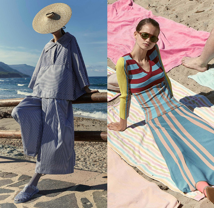 Antonio Marras 2019 Resort Cruise Pre-Spring Womens Lookbook Presentation - Cho-Cho-San Madame Butterfly Sailor Moon Dog Patchwork Nautical Plaid Tartan Check Hybrid Combo Bedazzled Jewels Brocade Flowers Floral Embroidery Pleats Dots Stripes Lace Bow Ruffles Denim Jeans Logo Coat Rainwear Fatigues Knit Sweater Sweatshirt Leg O'Mutton Sleeves Shirtdress Pencil Skirt Cross Wrap Dress Scarf French Beret Socks Heels Sandals Brooch Crossbody Handbag Straw Hat Sunglasses