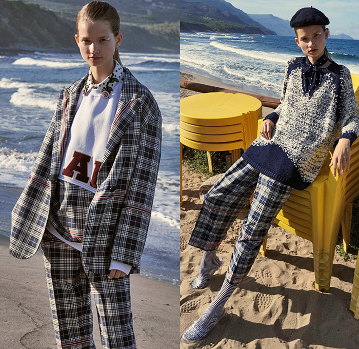 Antonio Marras 2019 Resort Cruise Pre-Spring Womens Lookbook Presentation - Cho-Cho-San Madame Butterfly Sailor Moon Dog Patchwork Nautical Plaid Tartan Check Hybrid Combo Bedazzled Jewels Brocade Flowers Floral Embroidery Pleats Dots Stripes Lace Bow Ruffles Denim Jeans Logo Coat Rainwear Fatigues Knit Sweater Sweatshirt Leg O'Mutton Sleeves Shirtdress Pencil Skirt Cross Wrap Dress Scarf French Beret Socks Heels Sandals Brooch Crossbody Handbag Straw Hat Sunglasses