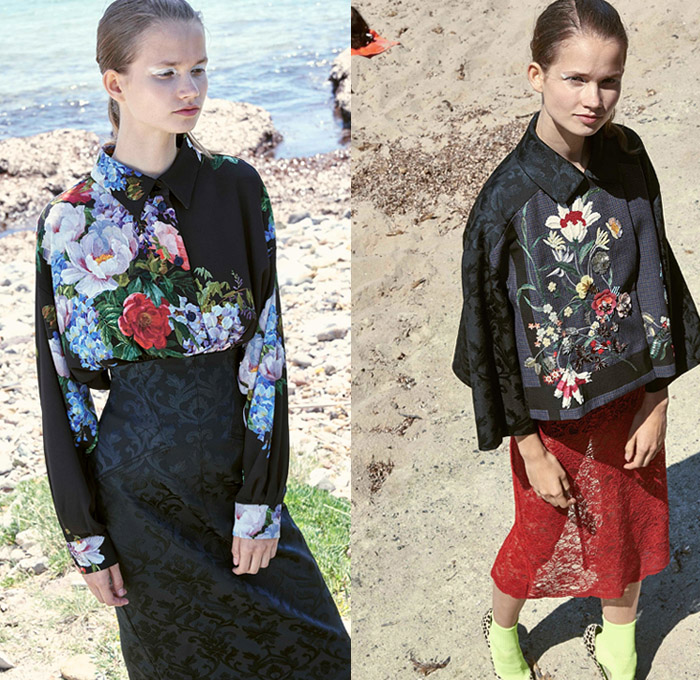 Antonio Marras 2019 Resort Cruise Pre-Spring Womens Lookbook Presentation - Cho-Cho-San Madame Butterfly Sailor Moon Dog Patchwork Nautical Plaid Tartan Check Hybrid Combo Bedazzled Jewels Brocade Flowers Floral Embroidery Pleats Dots Stripes Lace Bow Ruffles Denim Jeans Logo Coat Rainwear Fatigues Knit Sweater Sweatshirt Leg O'Mutton Sleeves Shirtdress Pencil Skirt Cross Wrap Dress Scarf French Beret Socks Heels Sandals Brooch Crossbody Handbag Straw Hat Sunglasses