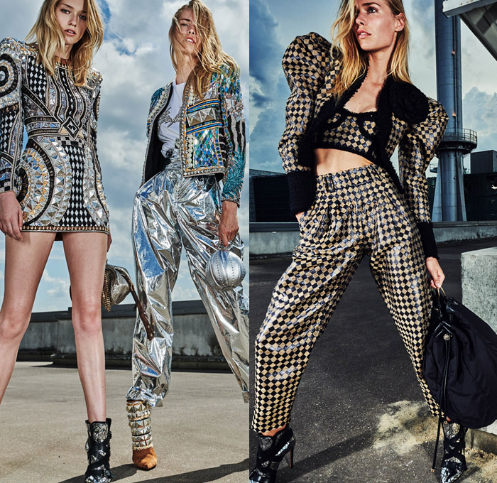 Balmain 2019 Resort Cruise Pre-Spring Womens Lookbook Presentation Olivier Rousteing - Denim Jeans Dungarees Jumpsuit Embroidery Sequins Crystals Pearls Fringes Stripes Houndstooth Tweed Metal Sunset Tropical Trees Satin Check Tiles Disco Mirror Ball Ruffles Ombré Suede Feathers Fur Blazer Kimono Robe Pantsuit Leg O'Mutton Sleeves One Shoulder Cross Halterneck Crop Top Knit Sweater Cardigan Sweatshirt Crochet Mesh Sweaterdress Strapless Party Dress Bodycon Flare Hotpants Shorts Handbag Boots