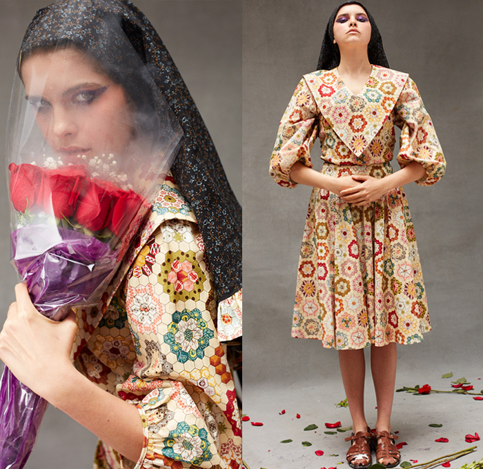 Batsheva Hay 2019 Resort Cruise Pre-Spring Womens Lookbook Presentation - Victorian Dress Flowers Floral Print Graphic Honeycomb Mix Mash Up Patterns Ornaments Decorative Art Pink Red Pearl Ball Neck Ruffle Heart Pockets Beads Fringes Silk Satin Angular Triangle Collar Capelet Poufy Shoulders Crop Top Midriff Gloves Head Scarf Flats Ballet Shoes Sandals