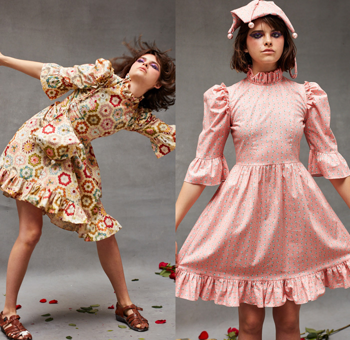 Batsheva Hay 2019 Resort Cruise Pre-Spring Womens Lookbook Presentation - Victorian Dress Flowers Floral Print Graphic Honeycomb Mix Mash Up Patterns Ornaments Decorative Art Pink Red Pearl Ball Neck Ruffle Heart Pockets Beads Fringes Silk Satin Angular Triangle Collar Capelet Poufy Shoulders Crop Top Midriff Gloves Head Scarf Flats Ballet Shoes Sandals